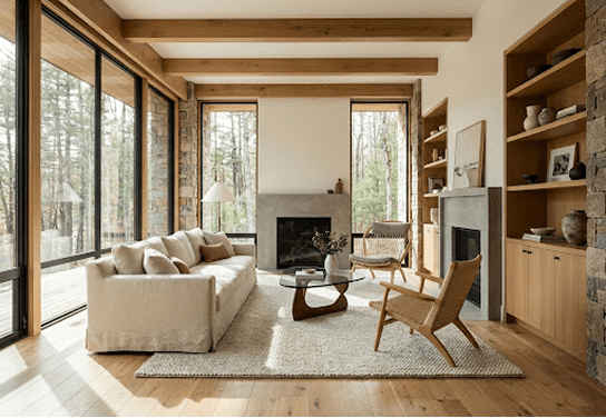 Helles Wohnzimmer mit Holzbalken und minimalistischer Einrichtung