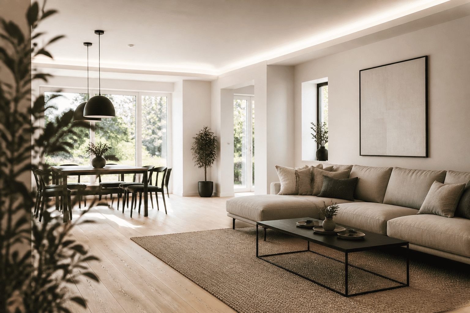 Modernes Wohnzimmer mit natürlichem Licht und minimalistischer Einrichtung