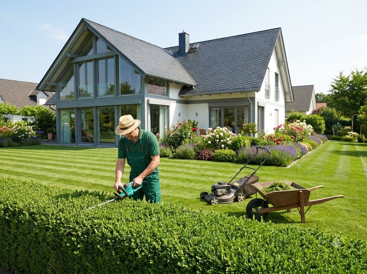 Gebäudereinigung und Gartenpflege vor einem modernen Haus